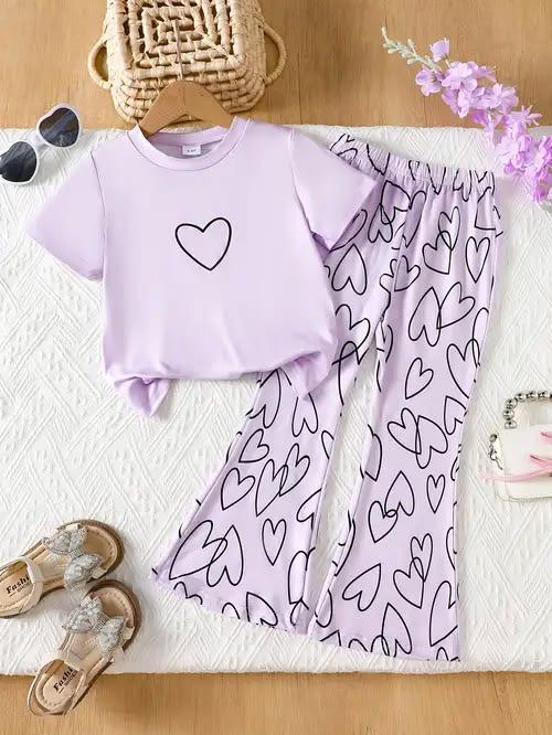 Purple Allover Hearts Summer Trouser & Shirt