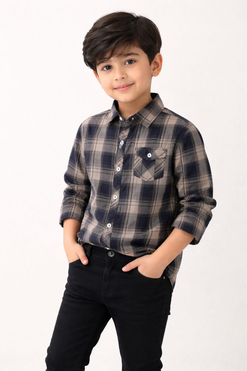 Checked shirt with black jeans.